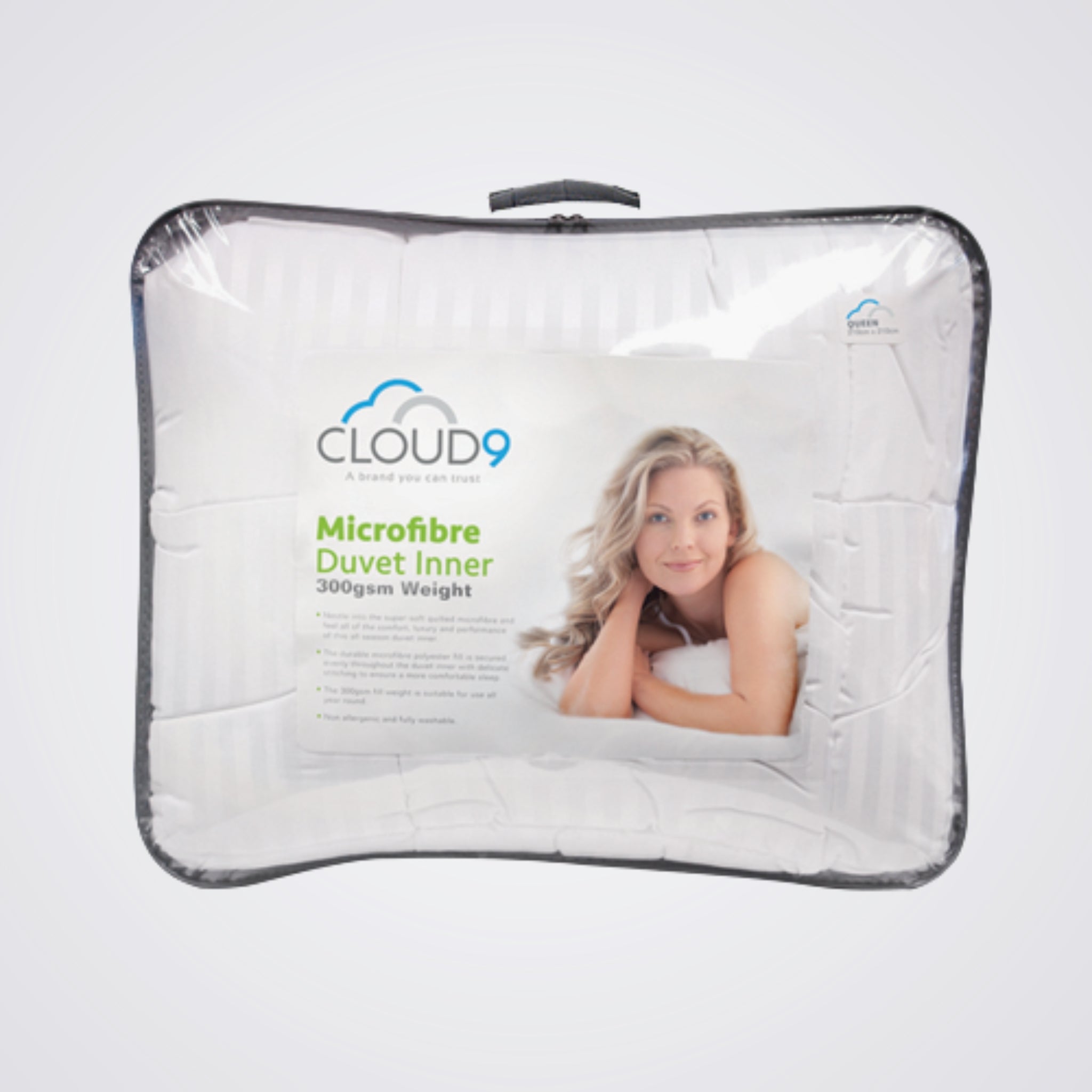 Cloud9 microfibre duvet inner packaging with a woman's face on a Light background