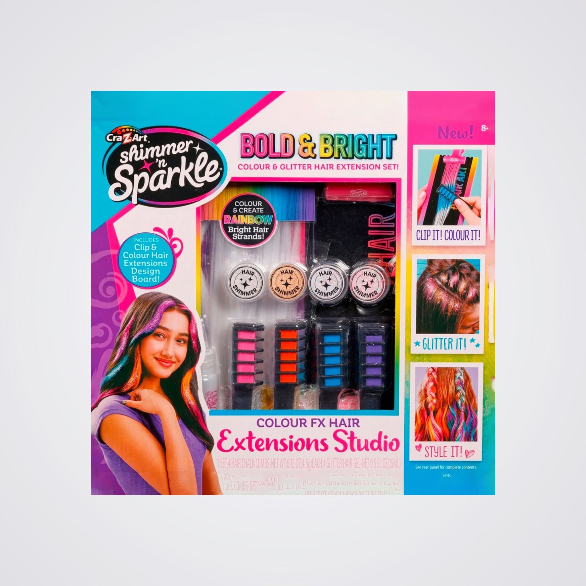 Shimmer 'n Sparkle hair extensions packaging with colorful design