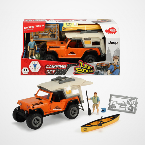 Toy Jeep camping set with packaging, kayak, and figures on a white background