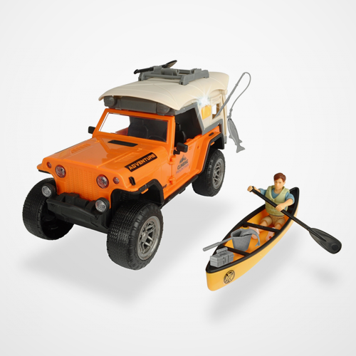 Toy vehicle with a kayak and person figure on a white background