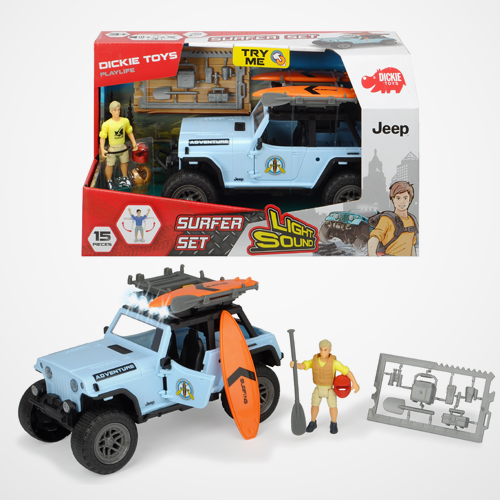 Toy Jeep with surfboard and figure in packaging, featuring DICKIE TOYS branding.