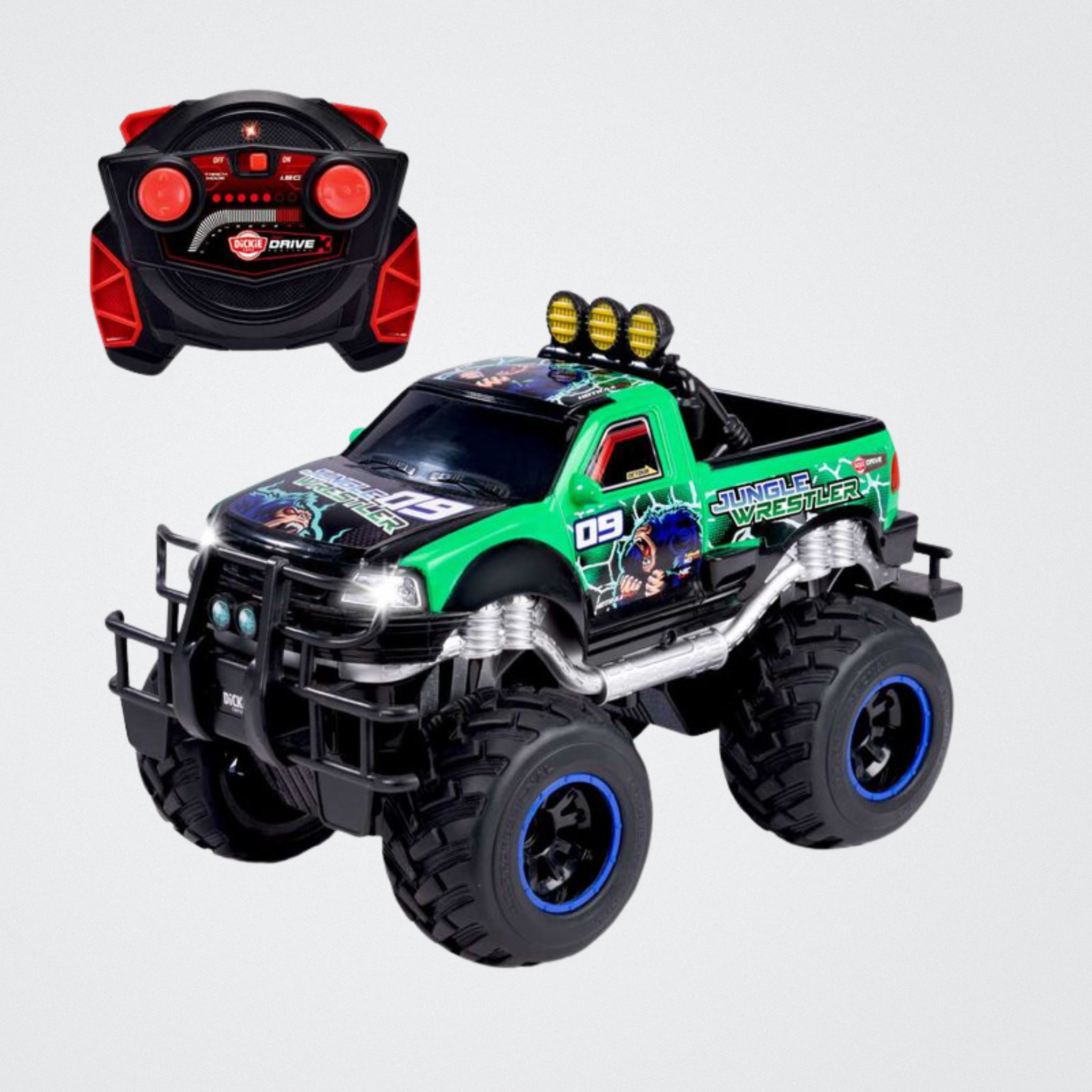 Toy monster truck with remote control on a light gray background