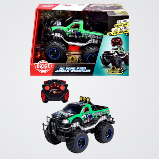 Toy monster truck with remote control and packaging on a white background