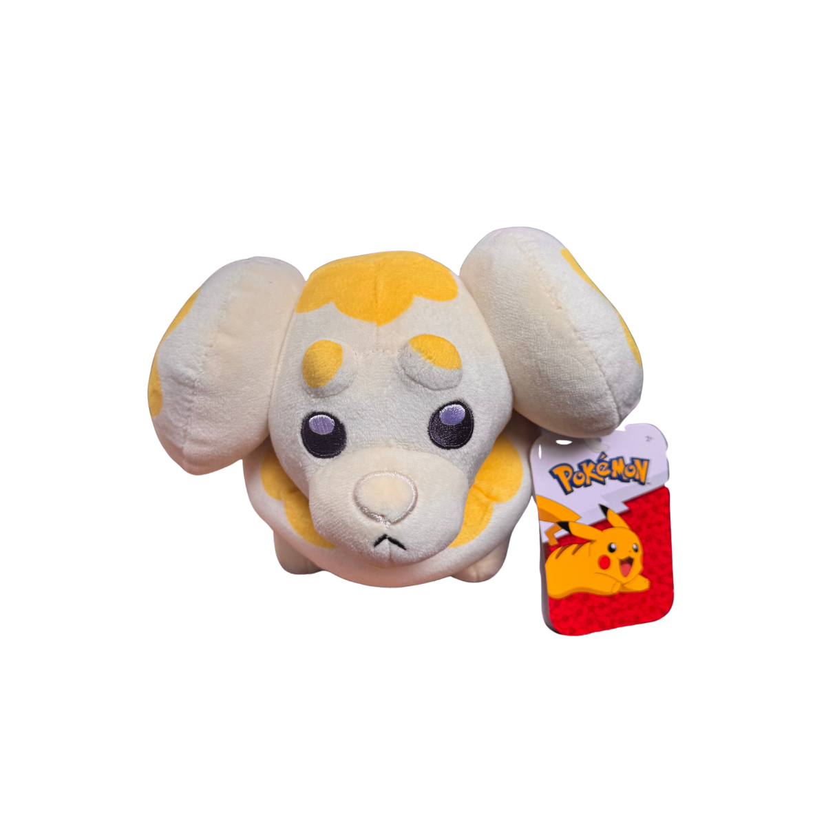 Plush toy Fidough with a tag indicating it is from Pokemon on a white background