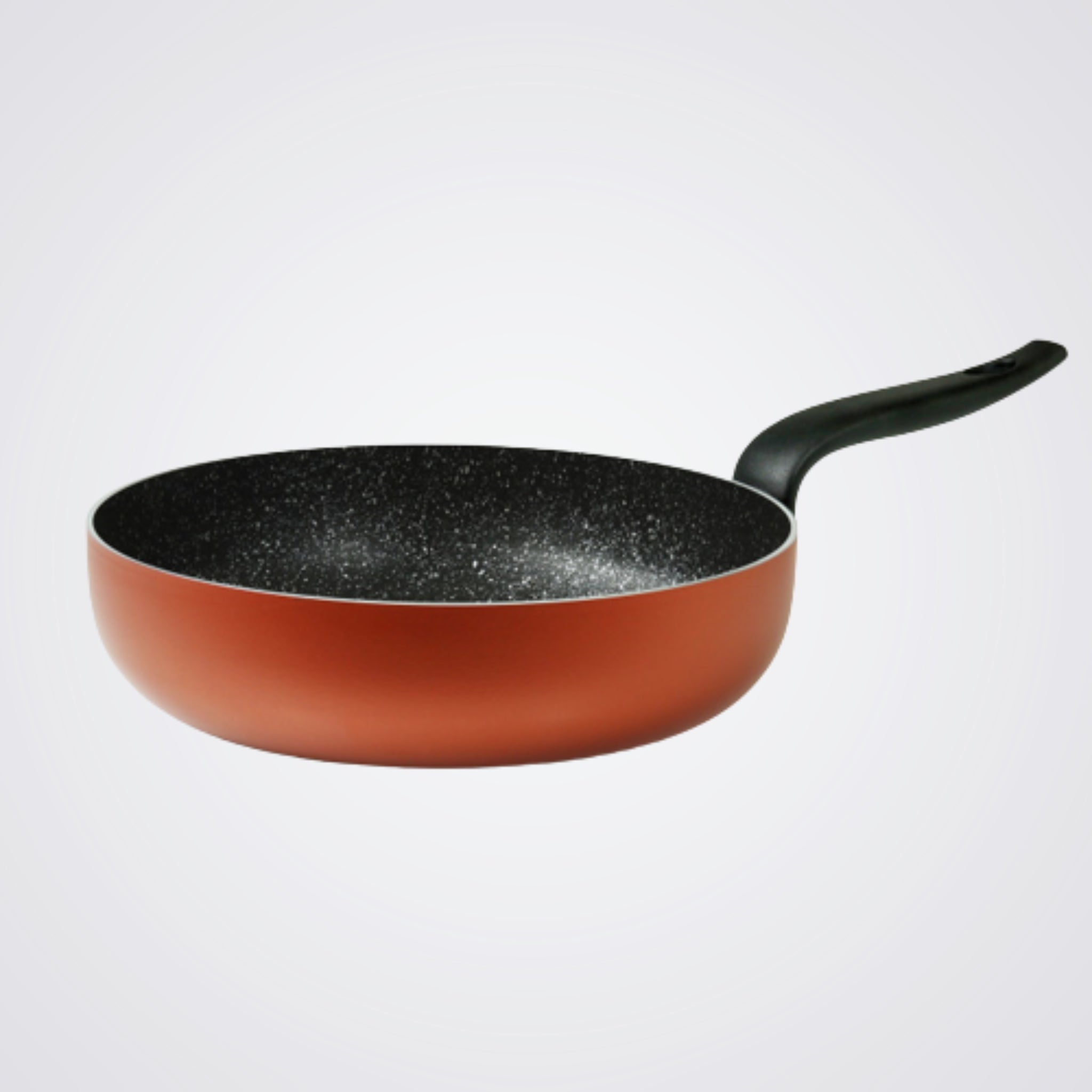 Frying pan with a speckled non-stick coating on a light grey background