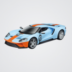 Blue and orange sports car model on a light gray background