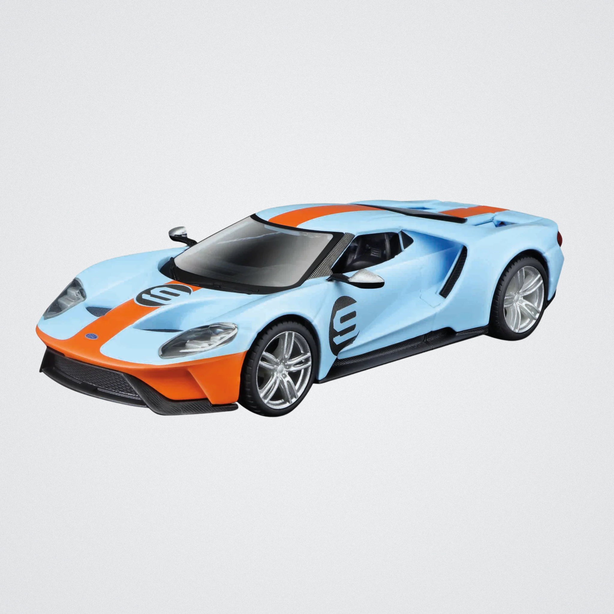 Blue and orange sports car model on a light gray background
