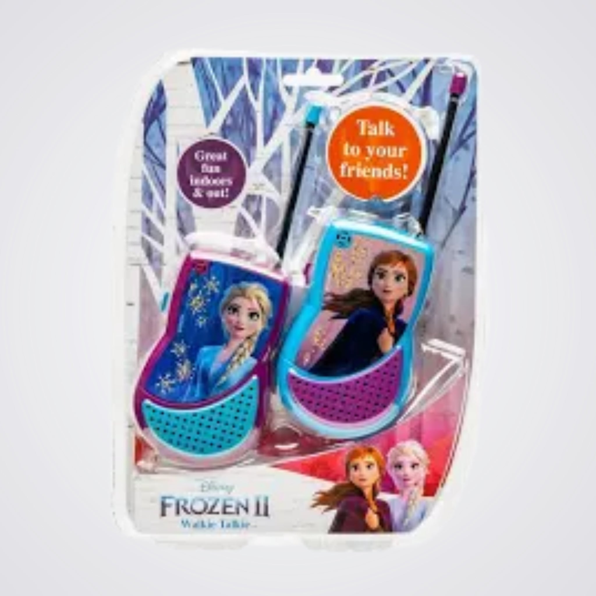 Disney Frozen II walkie talkies in packaging with characters on a Light Grey background