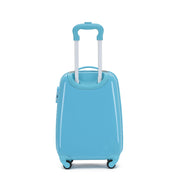 Blue suitcase with a white handle on a white background