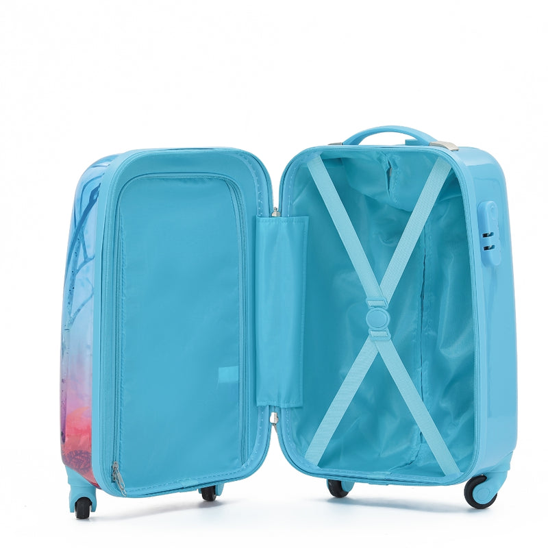Blue suitcase with open door on a white background
