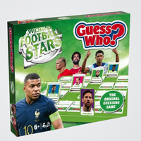 Guess Who? World Football Stars board game packaging with images of football players on a green background.