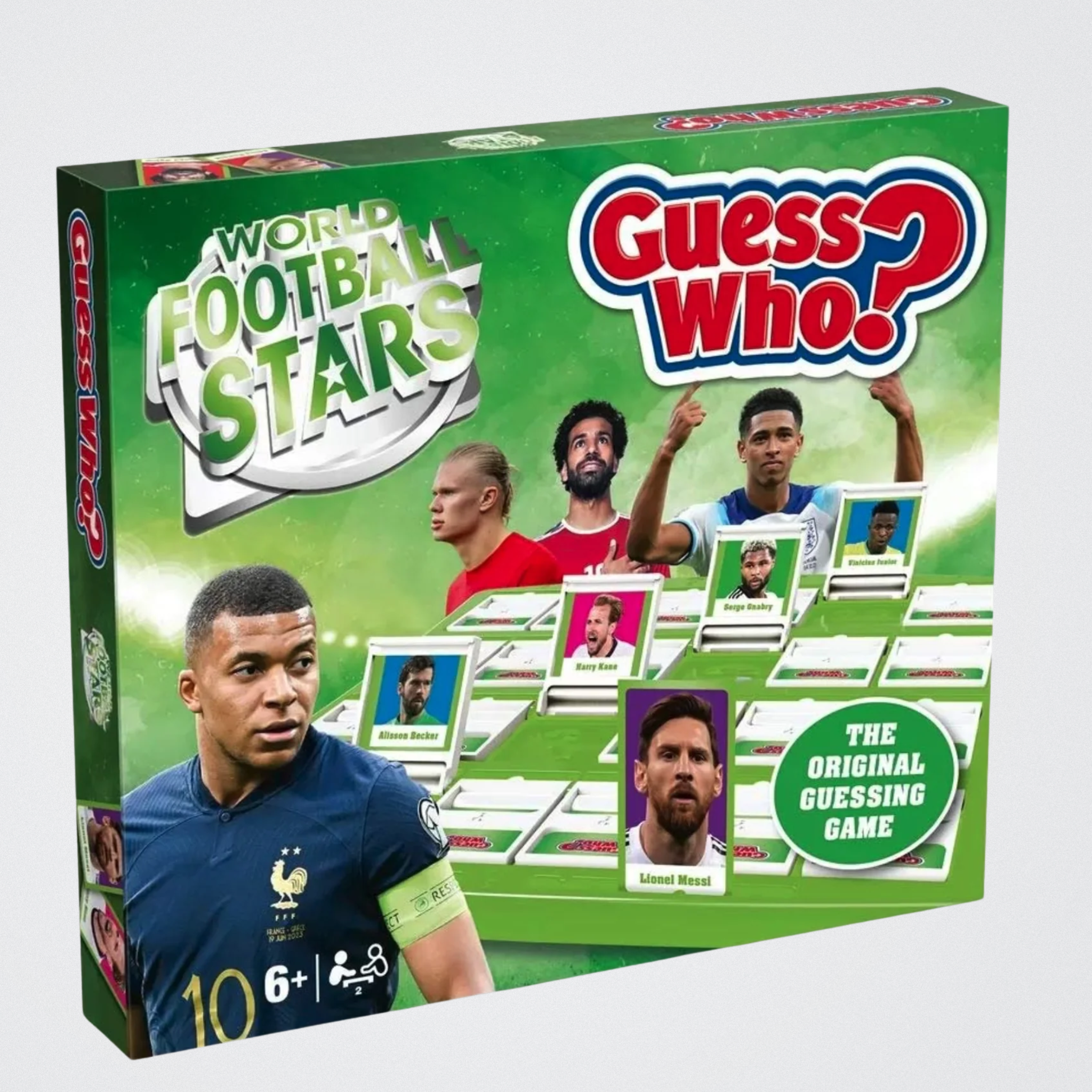 Guess Who? World Football Stars board game packaging with images of football players on a green background.