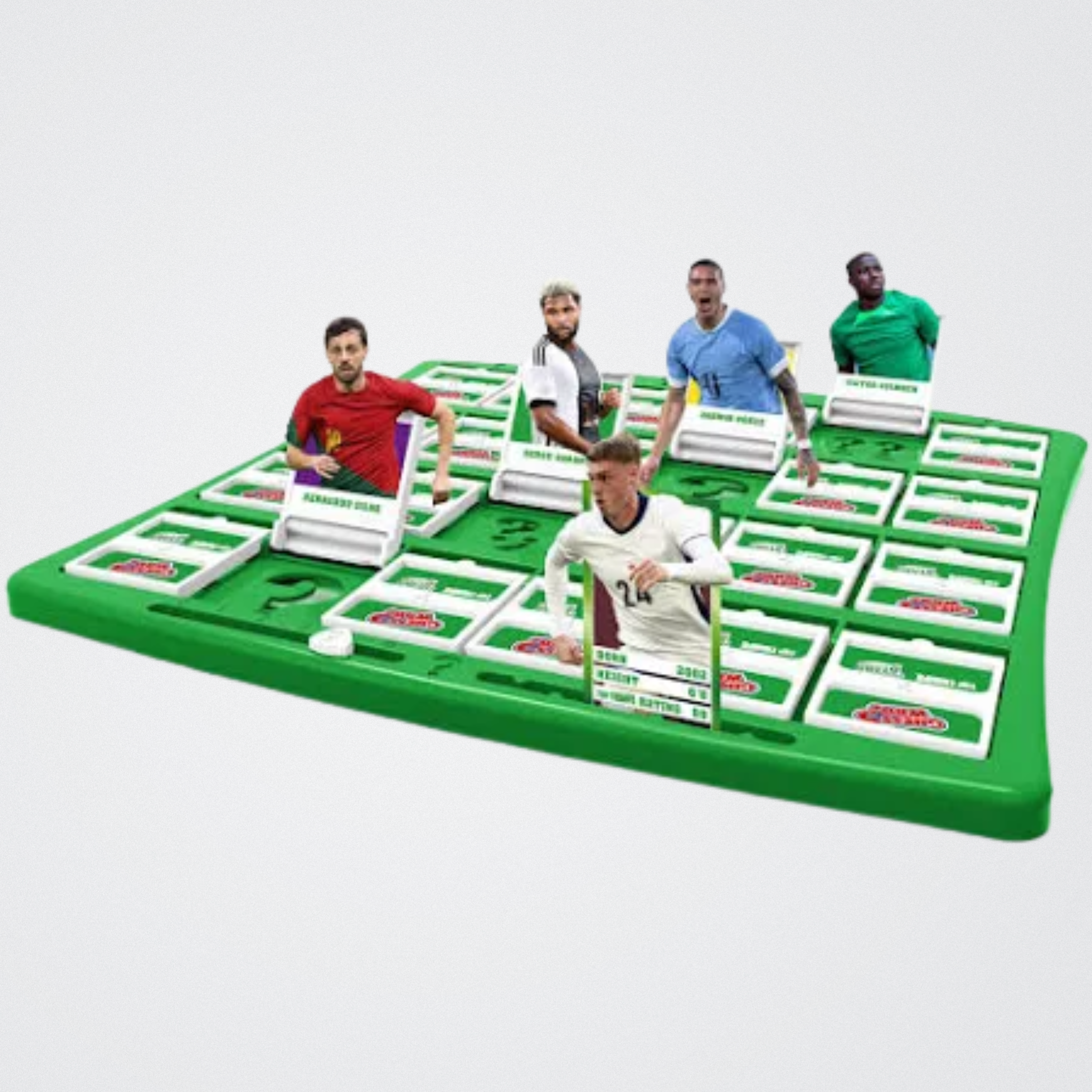 Tabletop soccer game with player figures on a green board