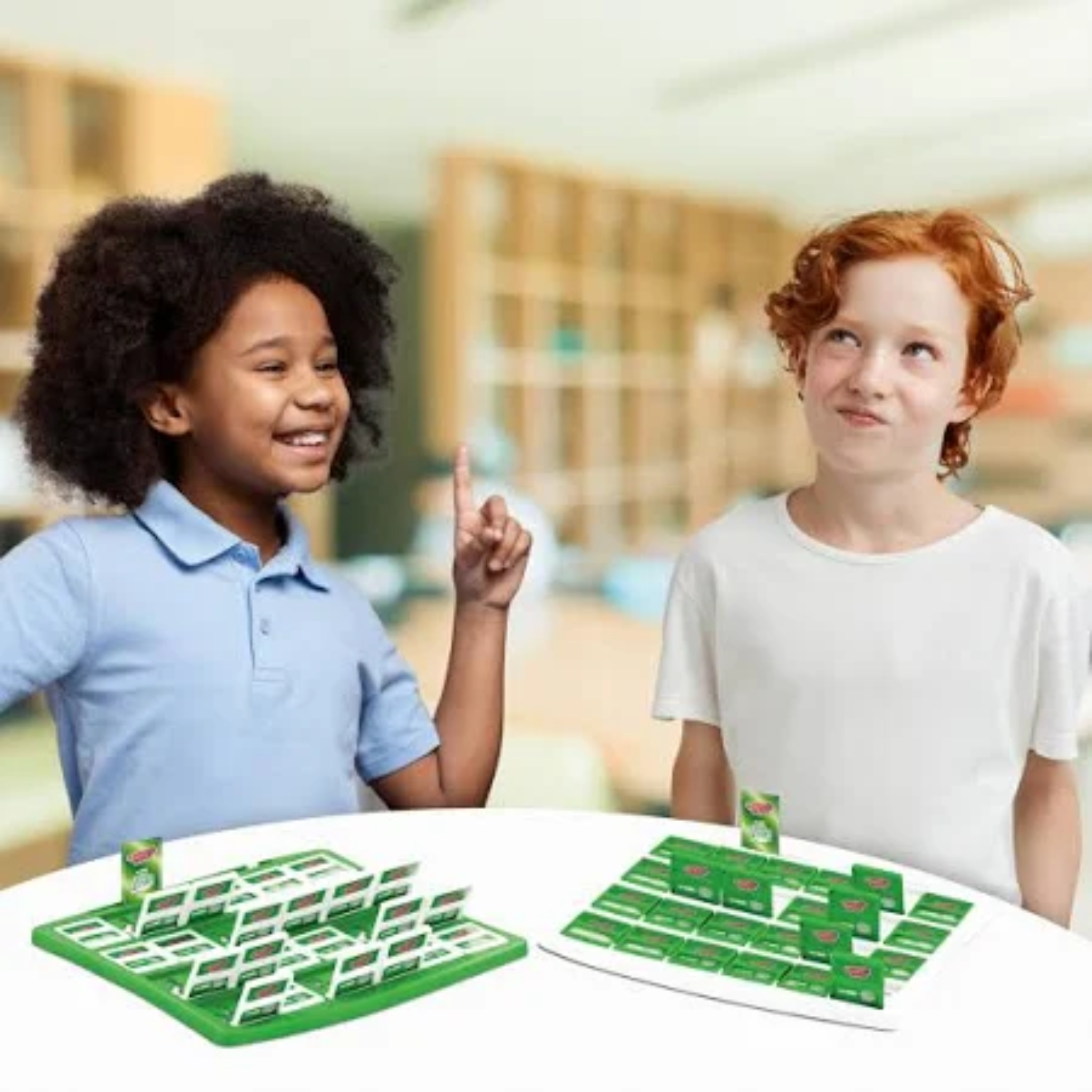 Two children playing with a board game on a table.