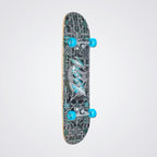 Skateboard Industrial theme with a patterned deck and blue trucks on a light gray background.