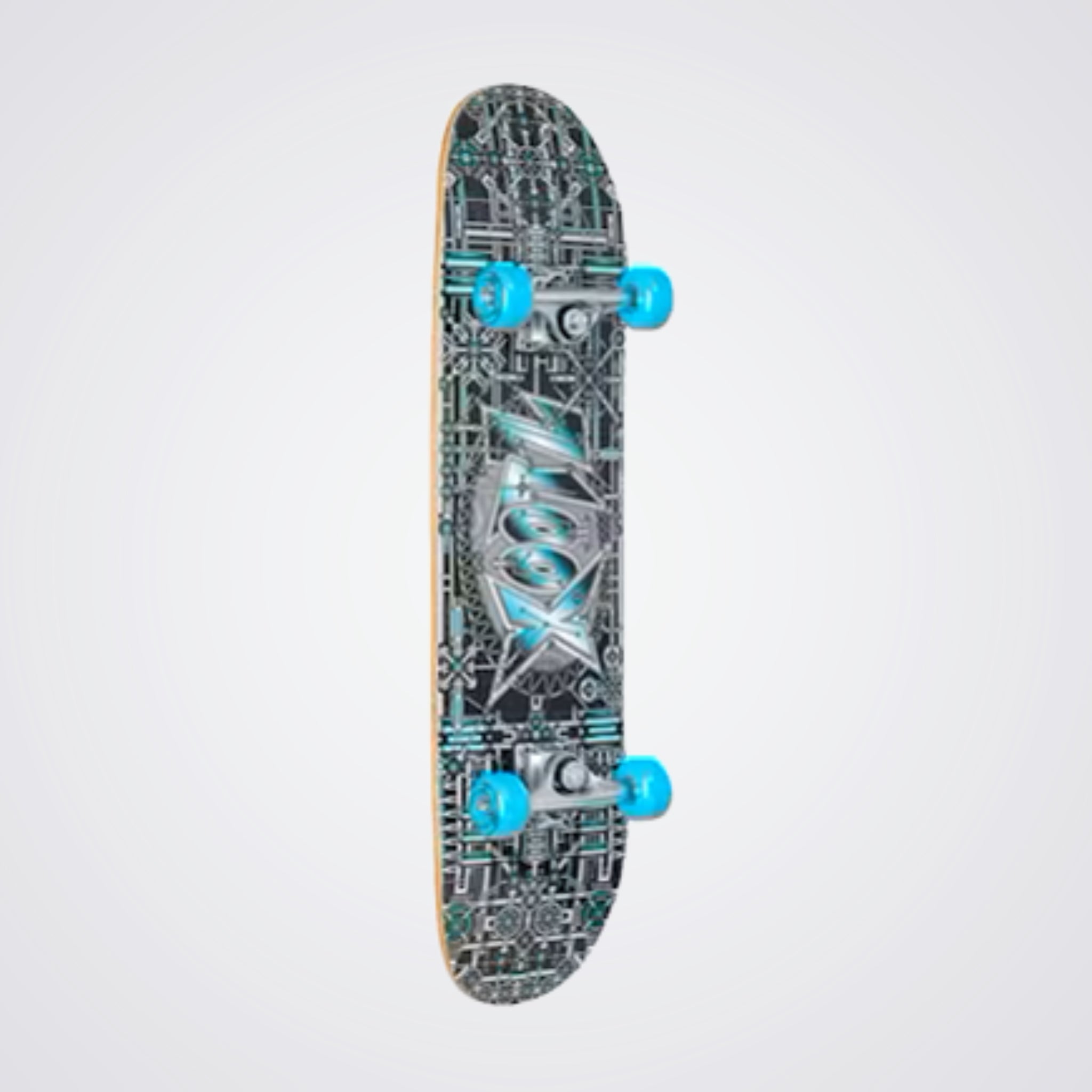 Skateboard Industrial theme with a patterned deck and blue trucks on a light gray background.