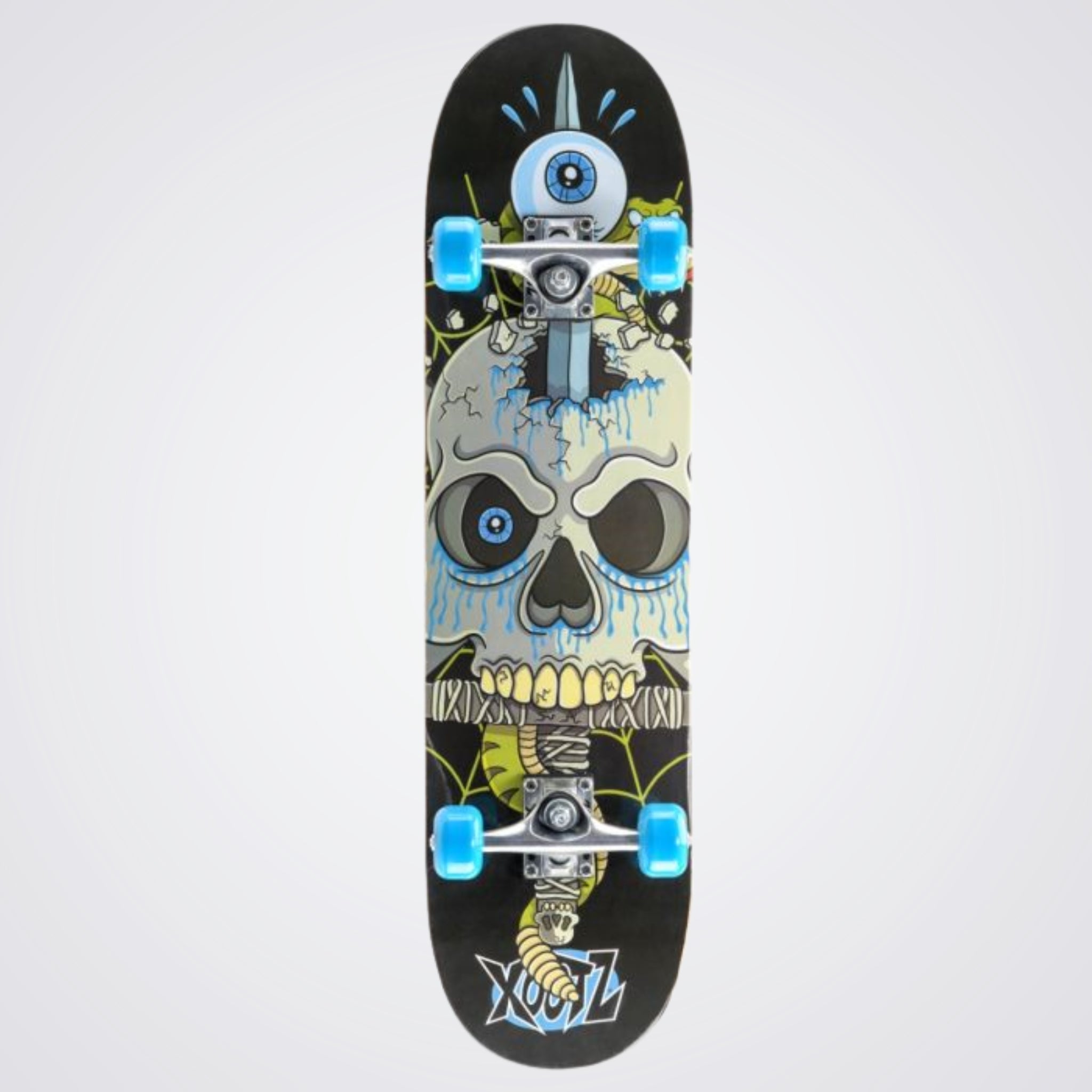 Skateboard Skull theme, Black with vibrant light blue wheels 