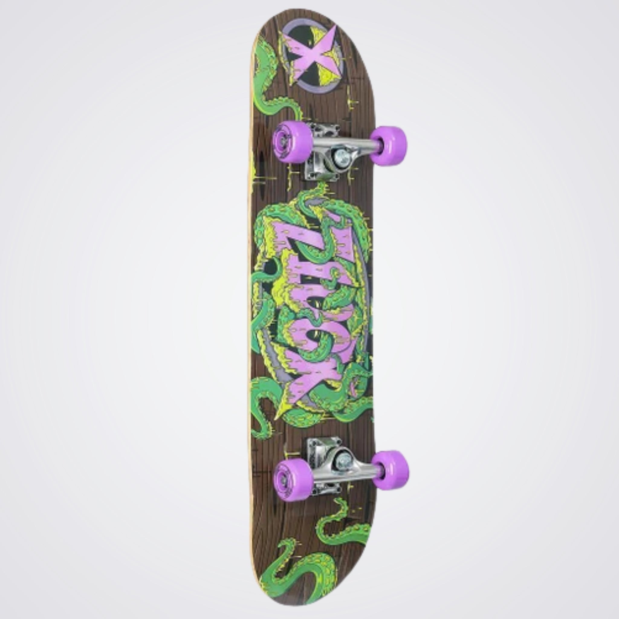 Skateboard Tentacle Theme with green and purple design on a Light Grey background