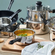 Hampton & Mason stainless steel saucepans and stockpot in use in the kitchen