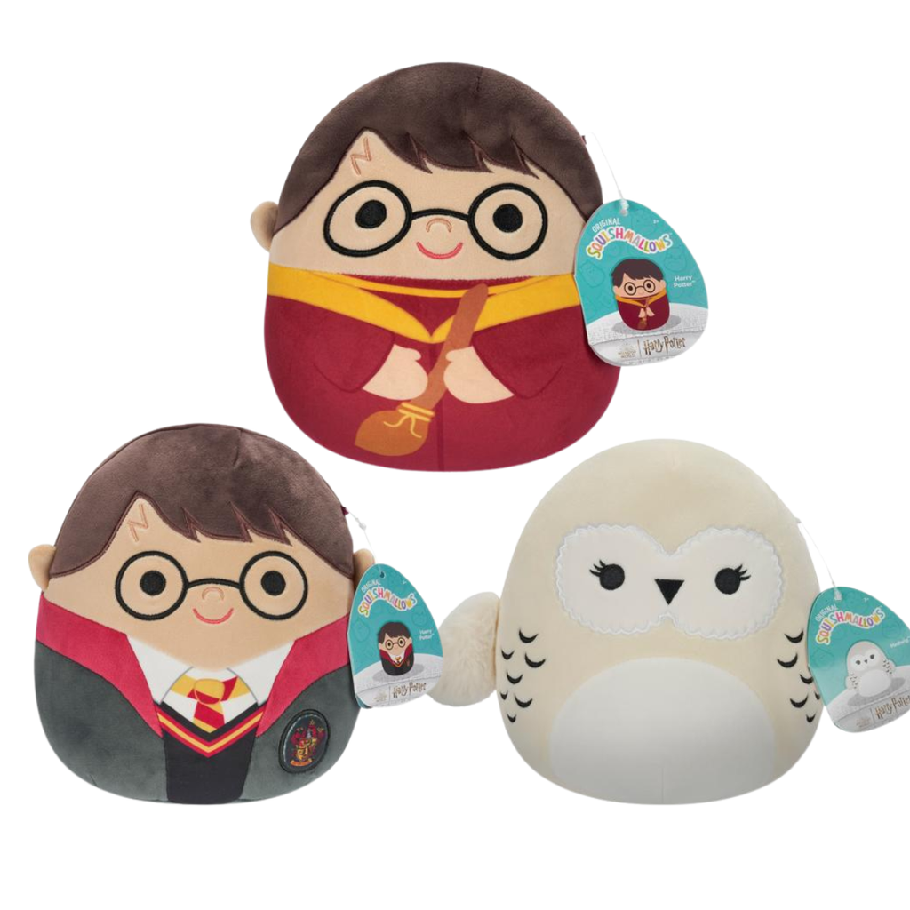 Two plush toys inspired by a character in a red robe with a Gryffindor scarf, and a white owl on a white background.