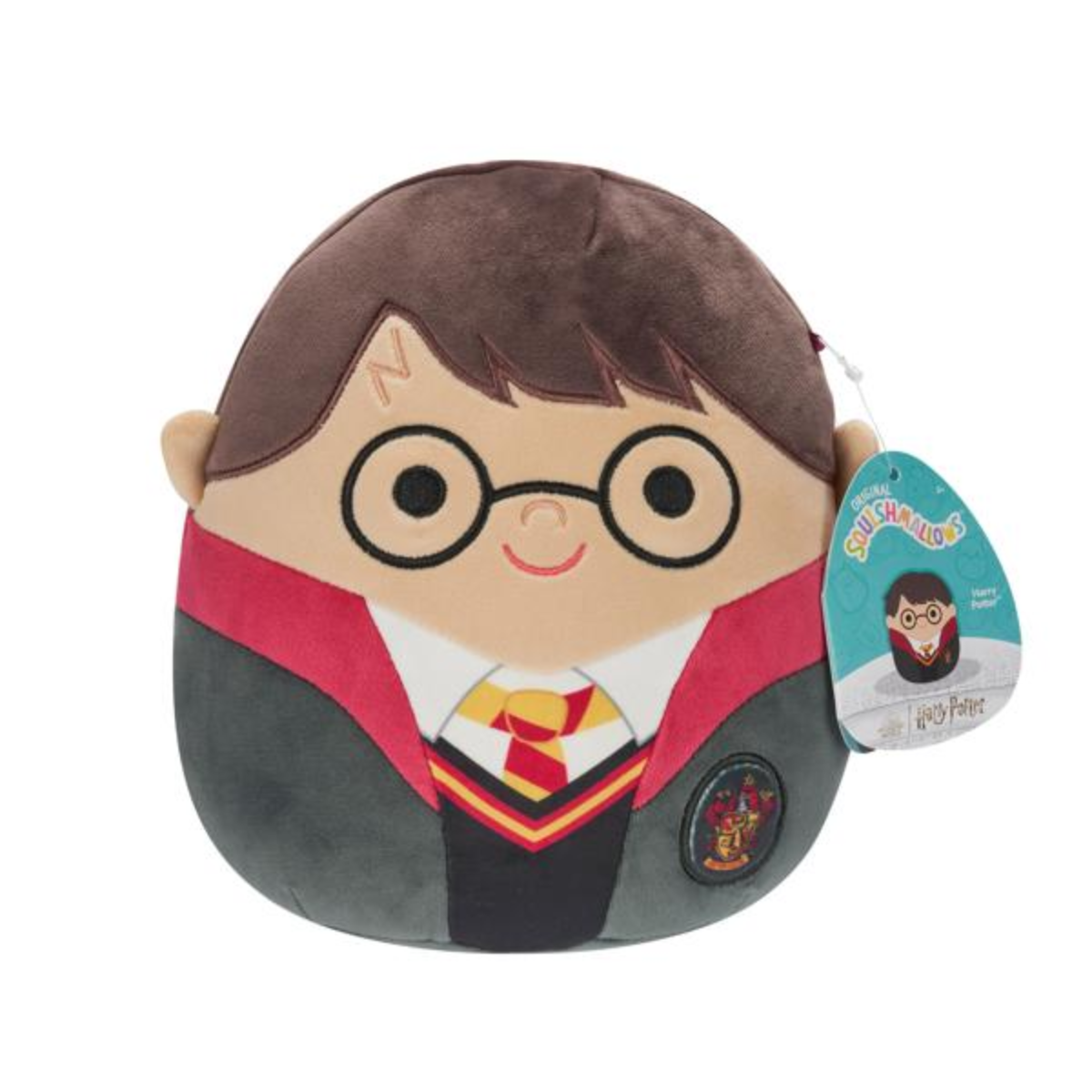 Plush toy of a character in a Harry Potter outfit with a visible tag on a white background