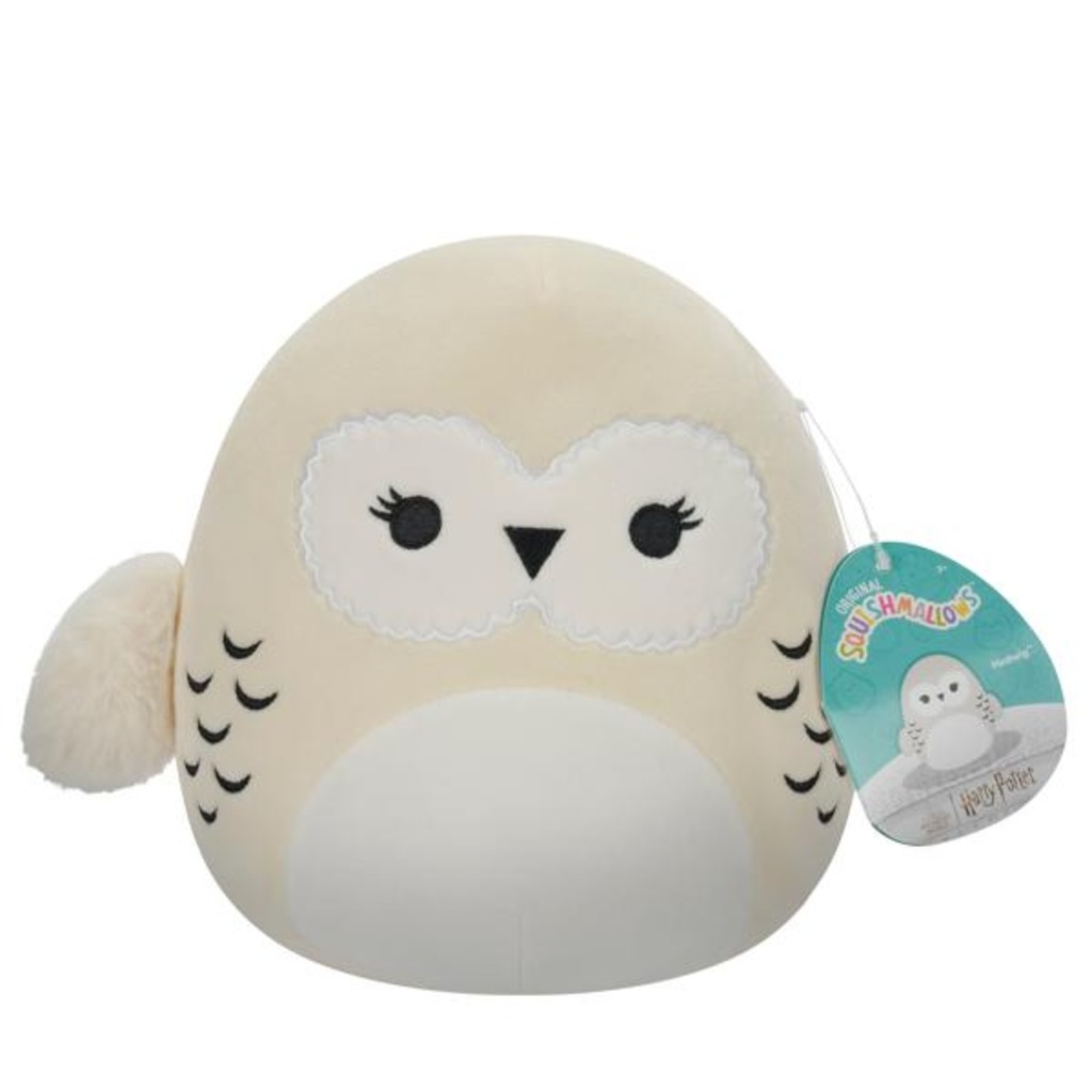 Round plush owl toy with a tag on a white background