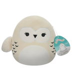 Round plush owl toy with a tag on a white background