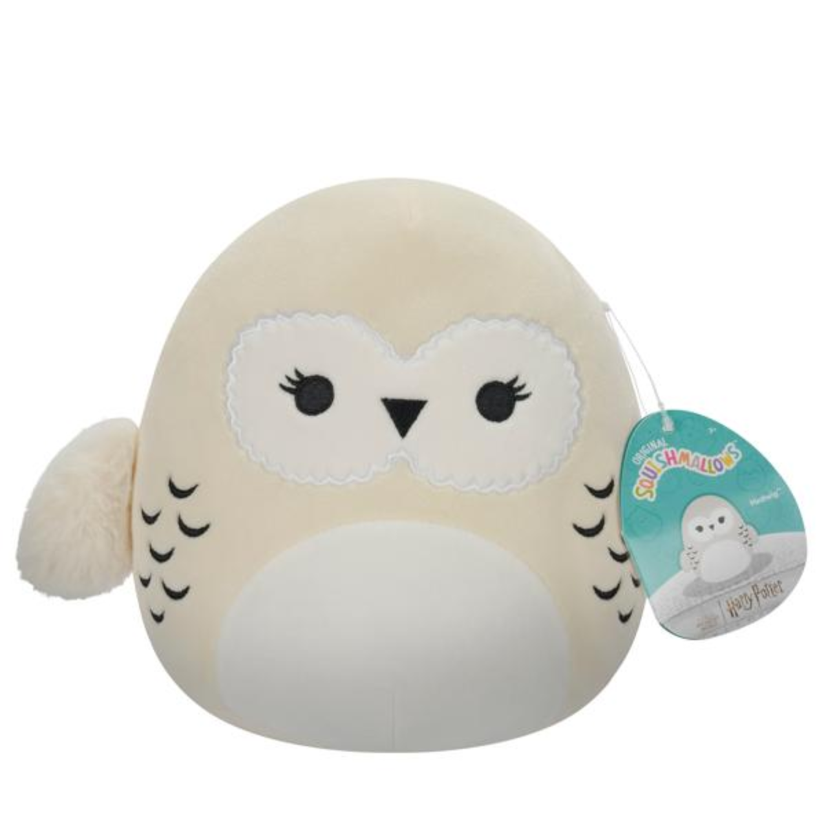 Round plush owl toy with a tag on a white background