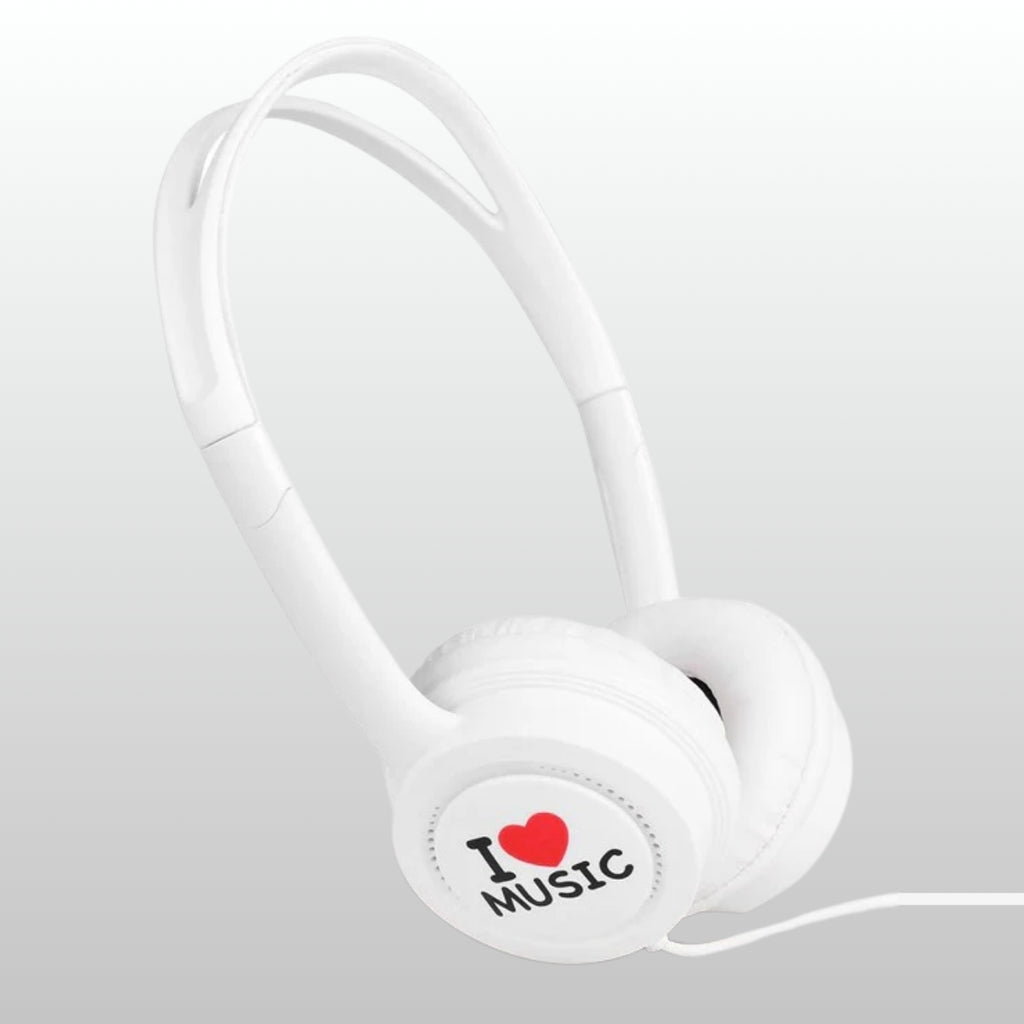 White headphones with 'I ❤️ Music' label on a light gray background