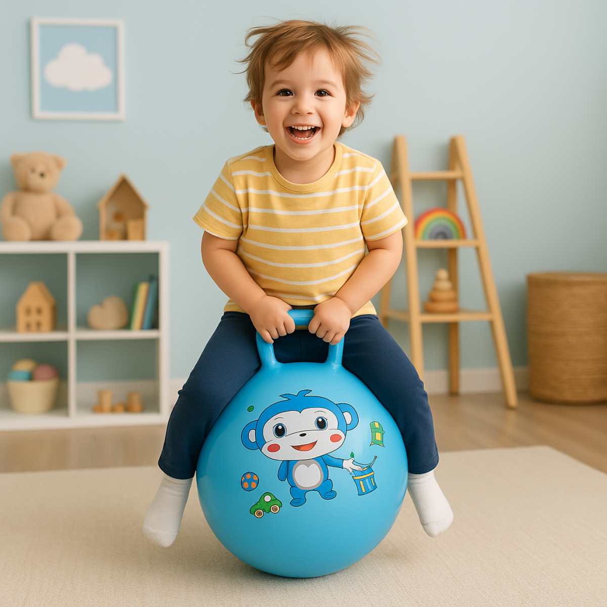 Child sitting on a blue cartoon character ball in a room with toys and shelves.