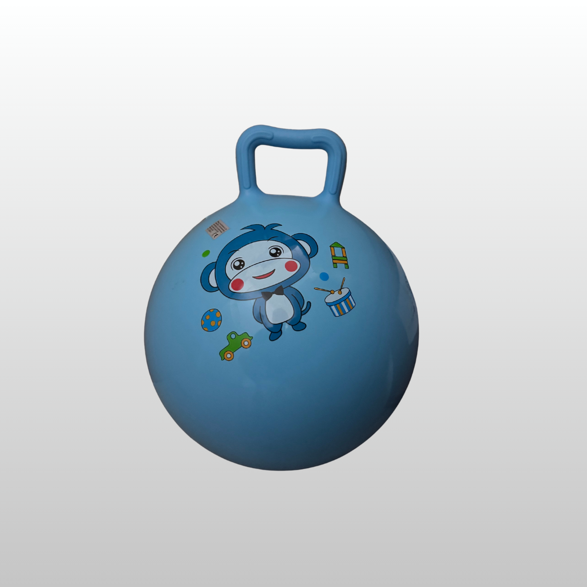 Blue space hopper with cartoon character on a gray background