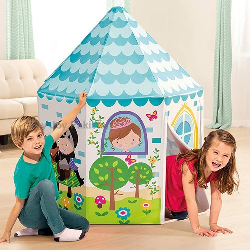 Kids Fun Experience with the Play Tent. Vibrant Colours, Princess and Knight pictured on the Tent 