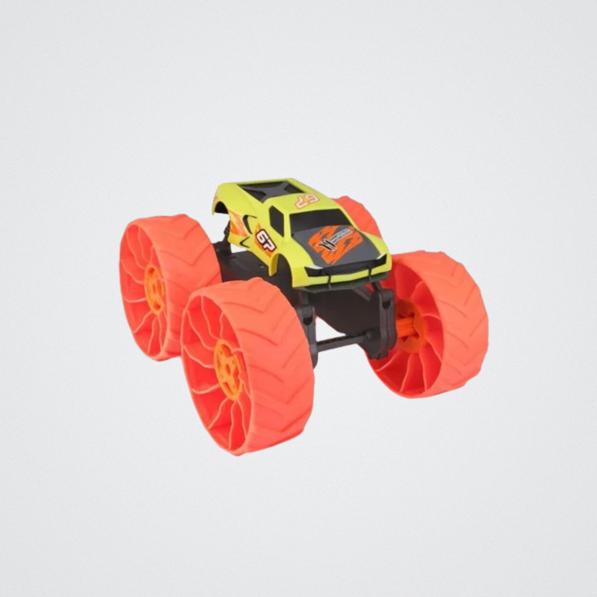 Toy monster truck with orange wheels on a light gray background