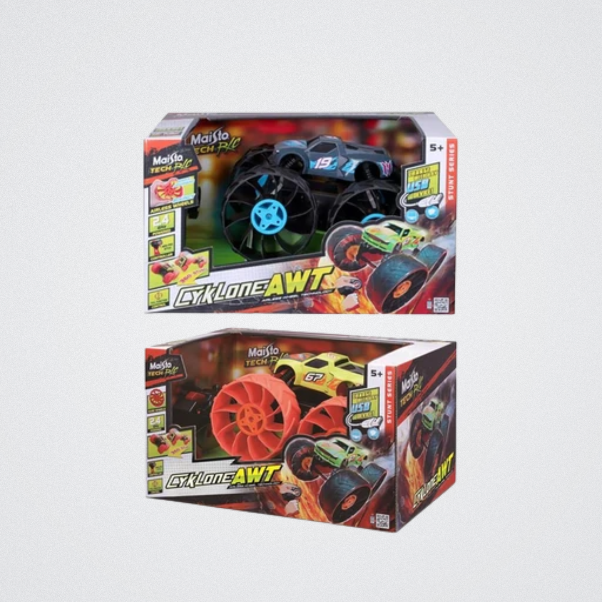 Two toy truck boxes with colorful designs and branding on a light gray background