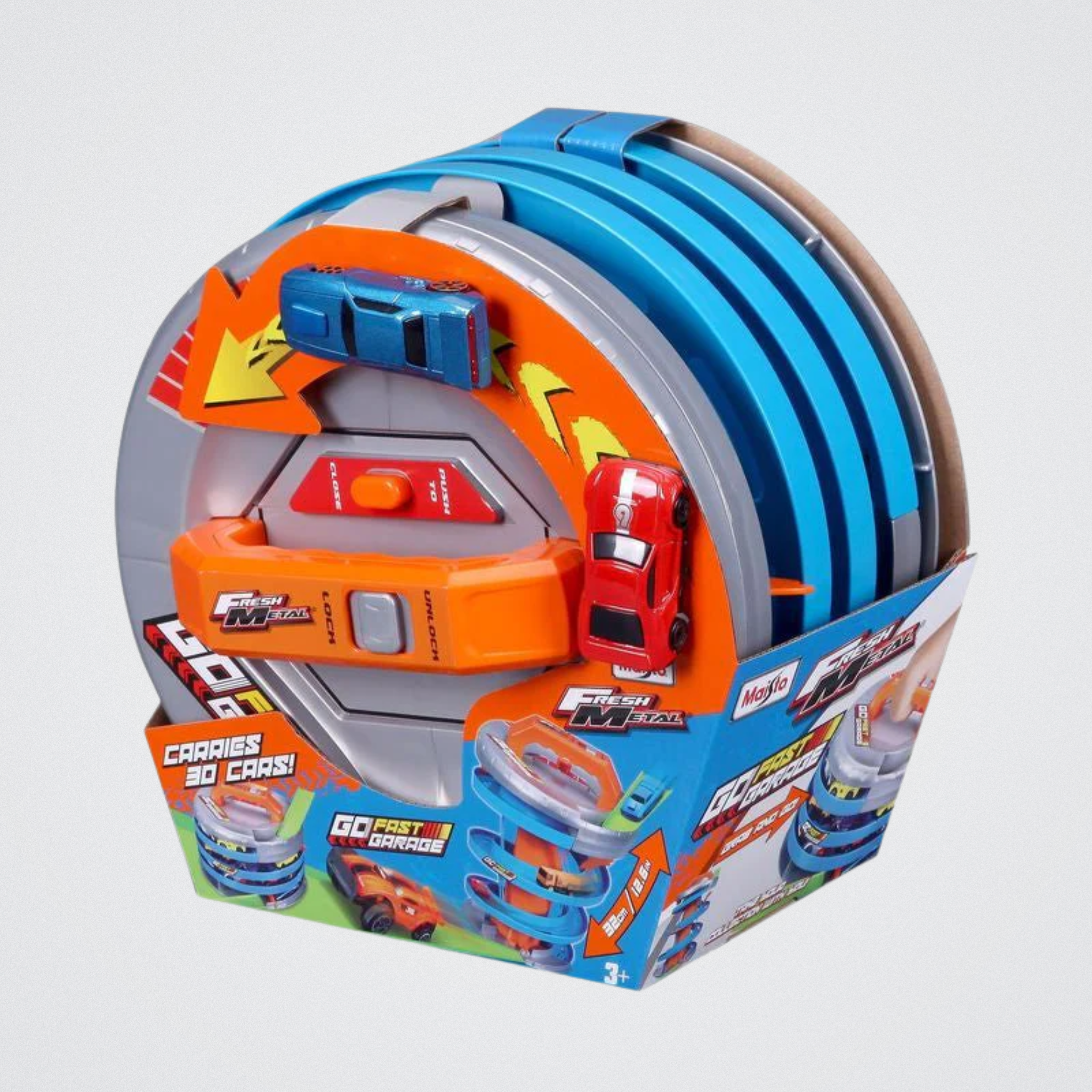 Toy car track set with packaging on a light gray background