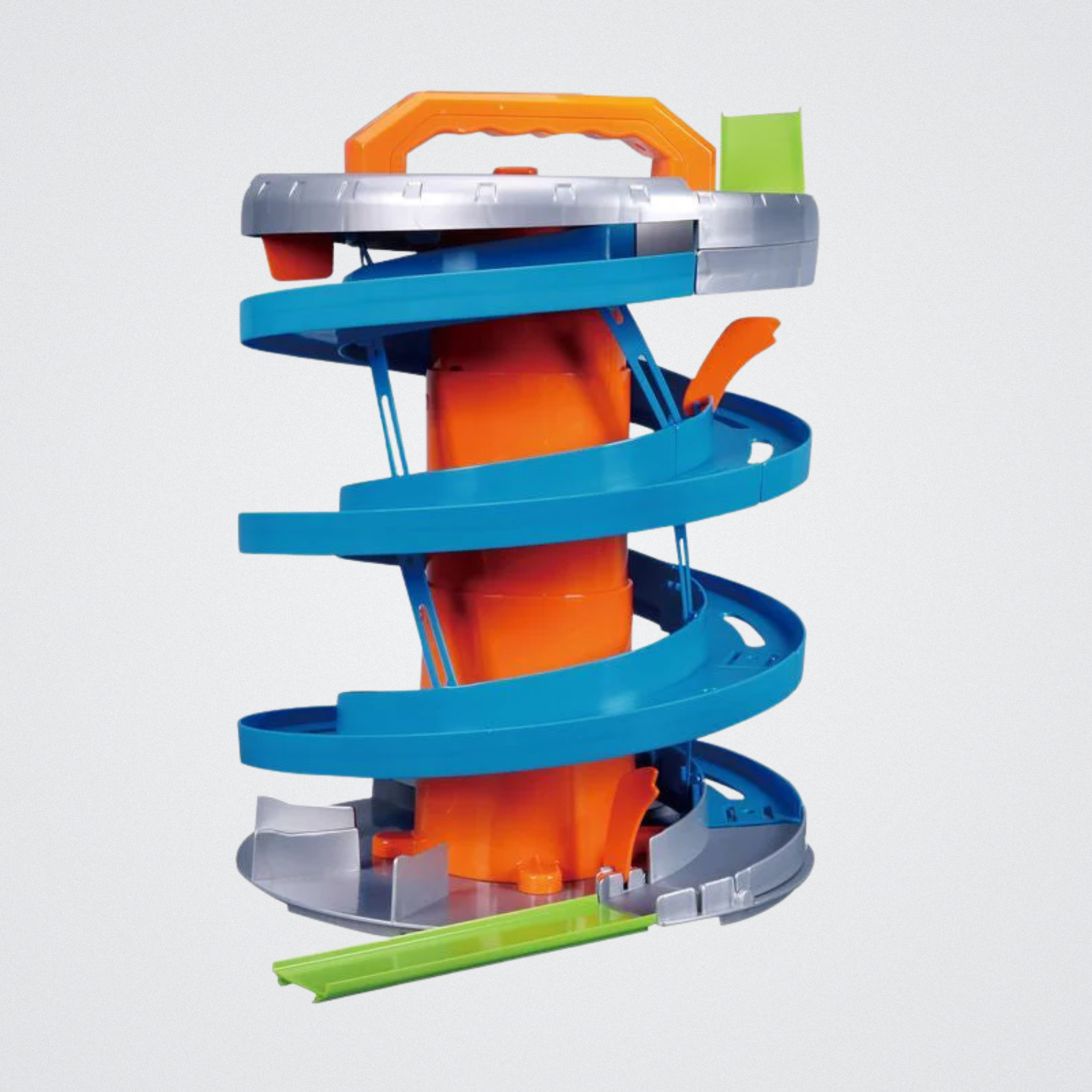 Toy track set with blue, orange, and green tracks on a white background