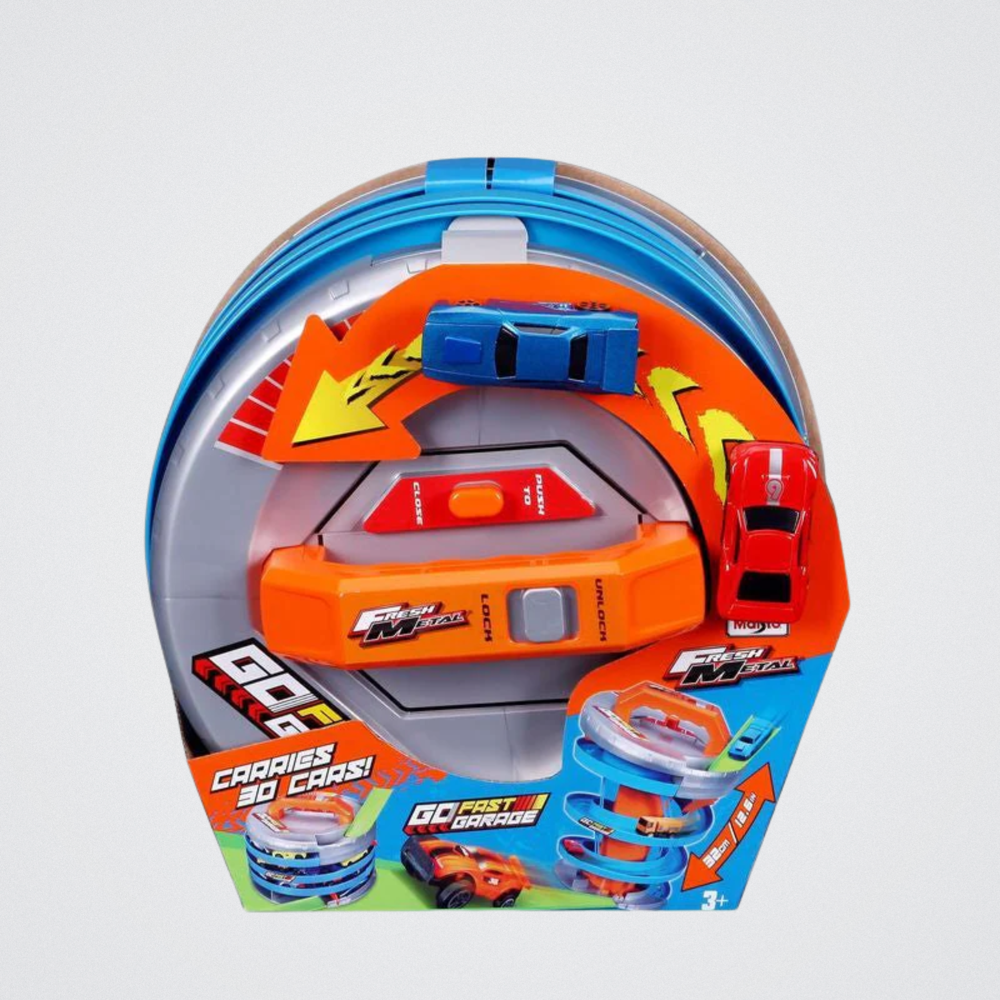 Toy car track set with cars in packaging on a light gray background