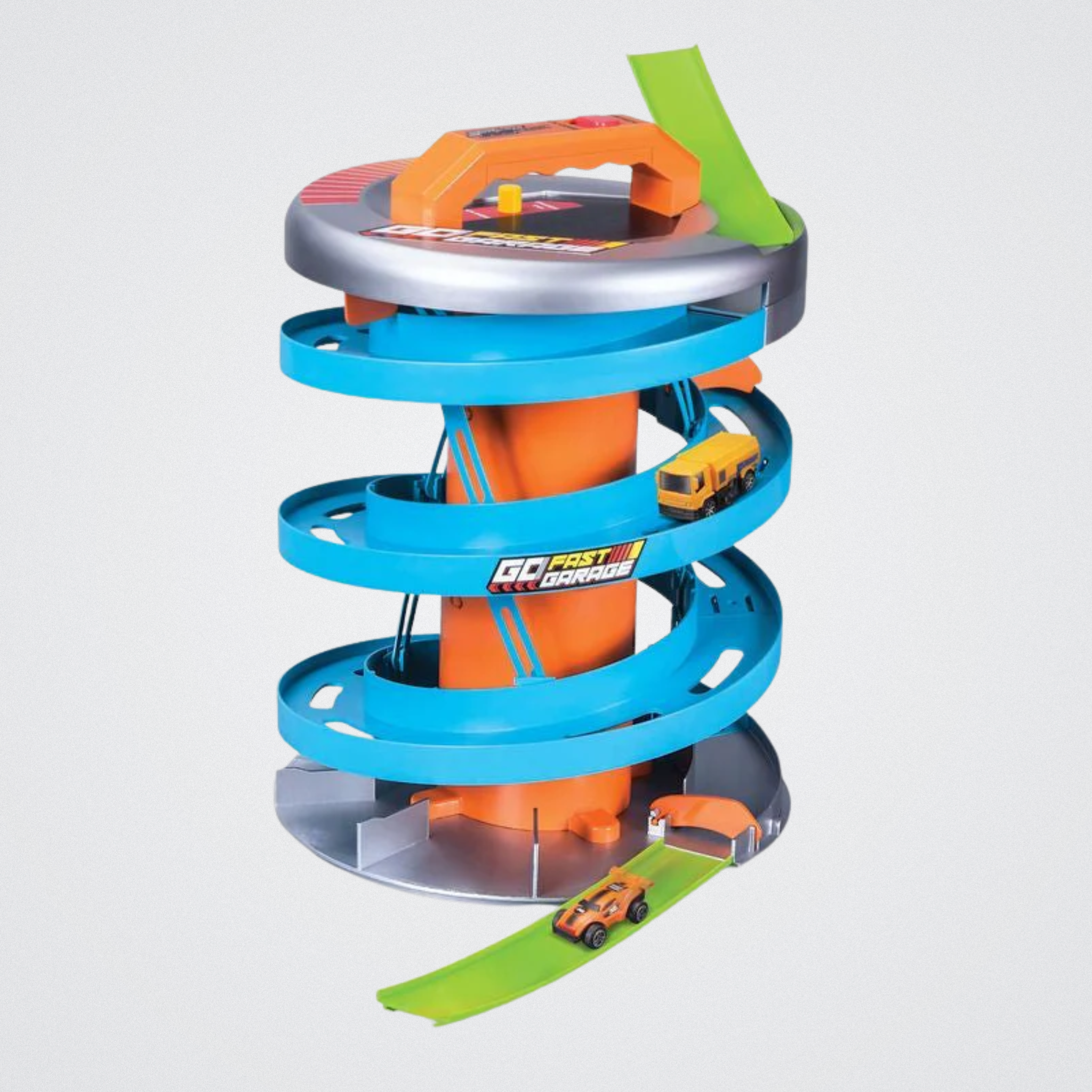 Toy track set with cars on a white background