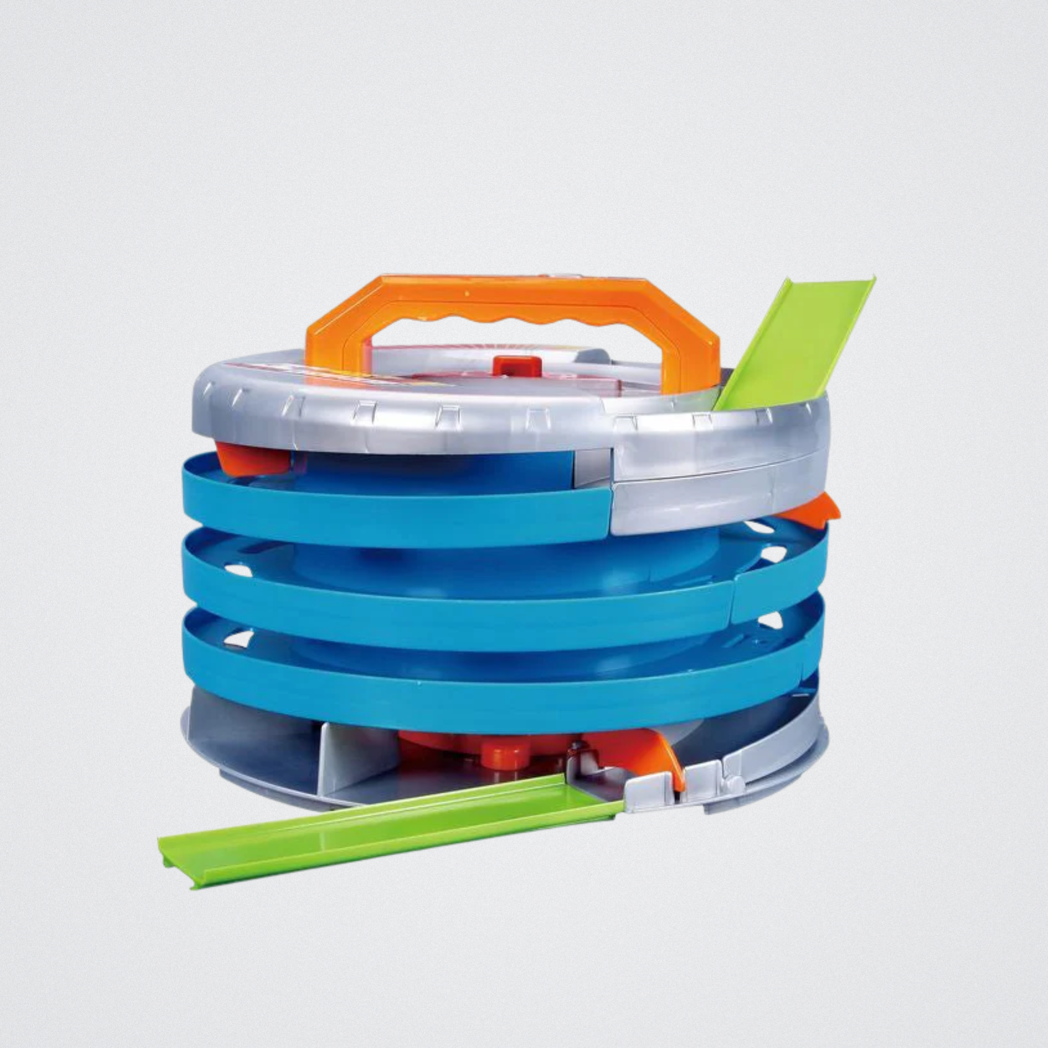 Stackable toy storage system with blue, orange, and green components on a white background