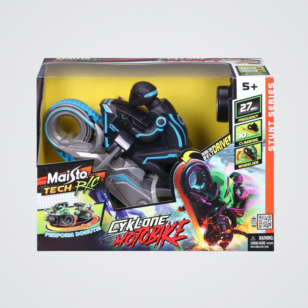 Toy motorcycle in packaging with branding and product details on a white background