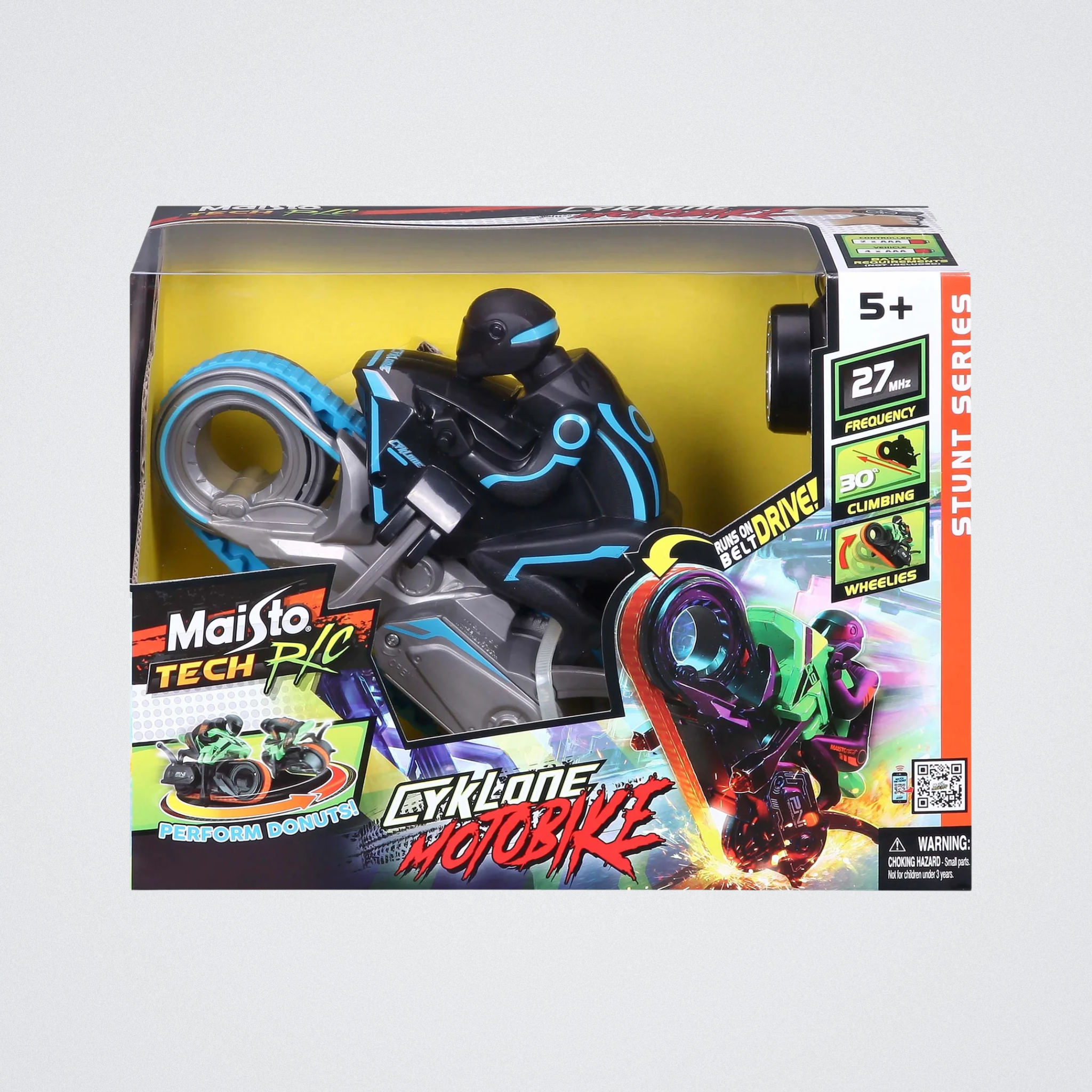 Toy motorcycle in packaging with branding and product details on a white background