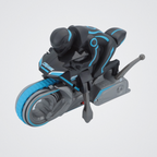 Toy motorcycle with black and blue design on a white background