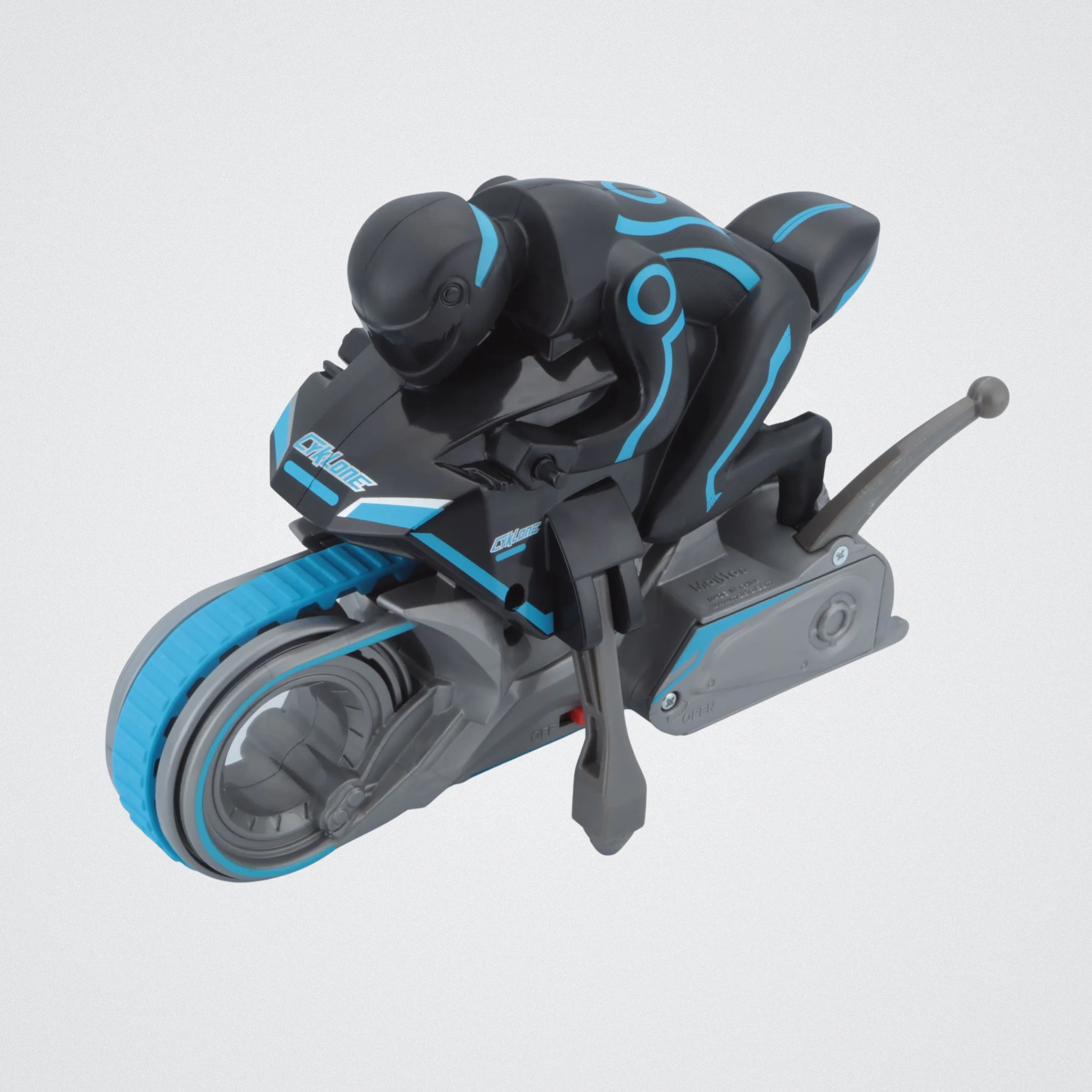 Toy motorcycle with black and blue design on a white background
