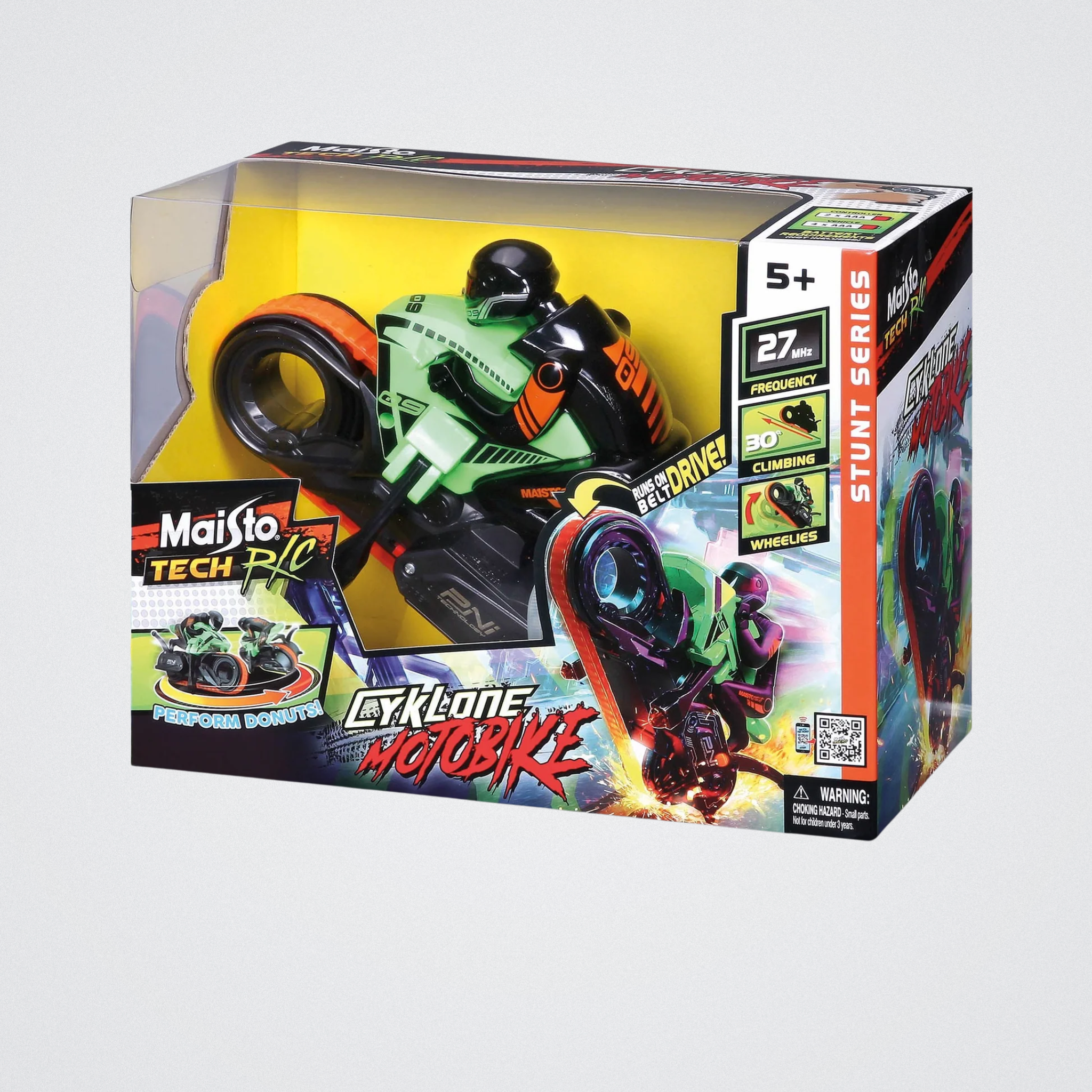 Toy motorcycle in packaging with Maisto branding on a gray background