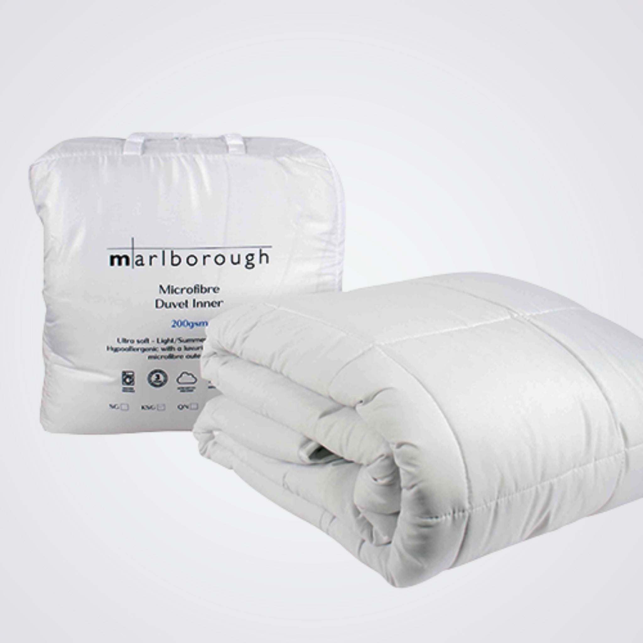 White Duvet Inner and packaging with 'Marlborough' branding on a light grey background