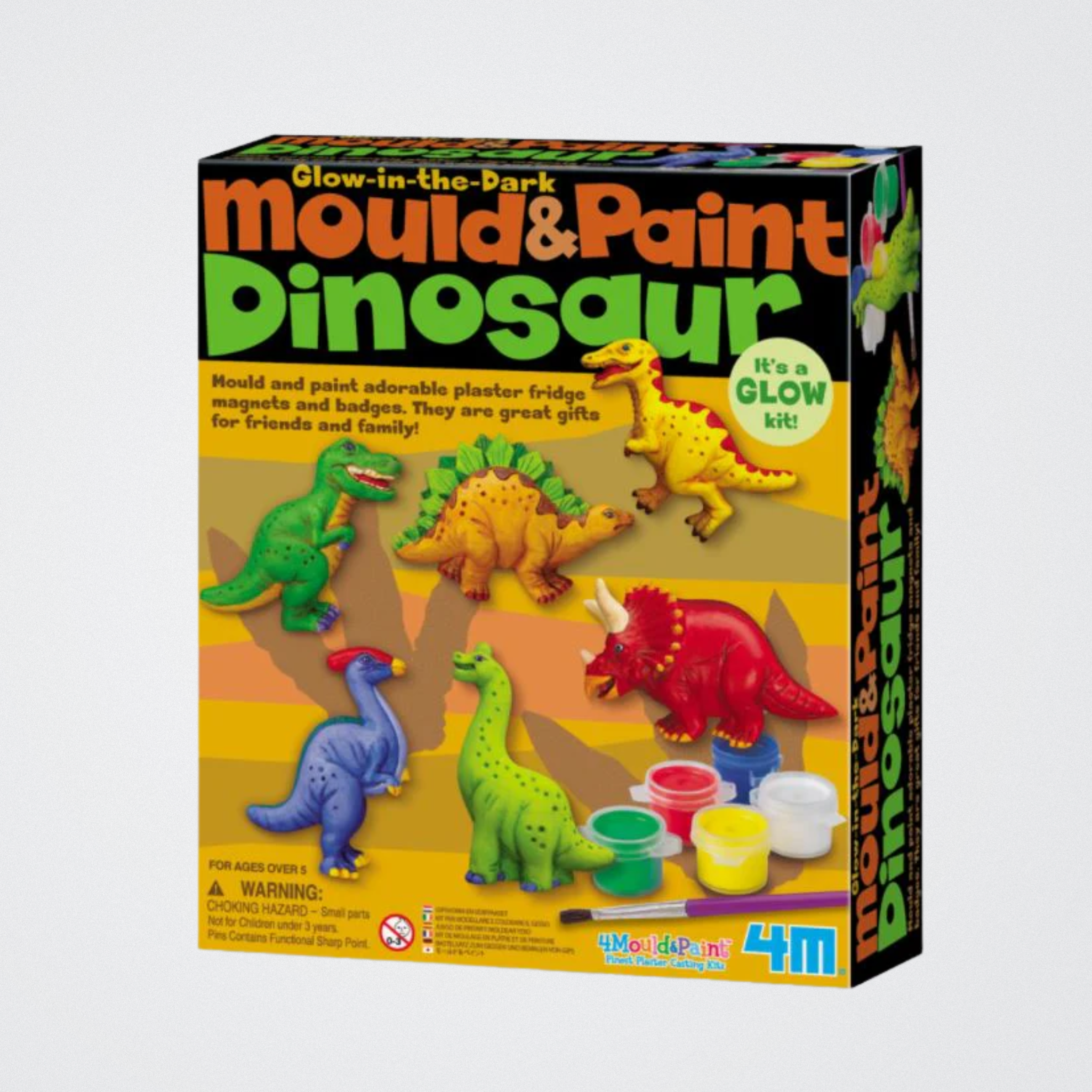 Box of 'Glow-in-the-Dark Mould & Paint Dinosaur' kit by 4M on a white background