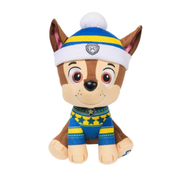 Plush Paw Patrol toy dog wearing a blue and yellow outfit with a white hat on a white background