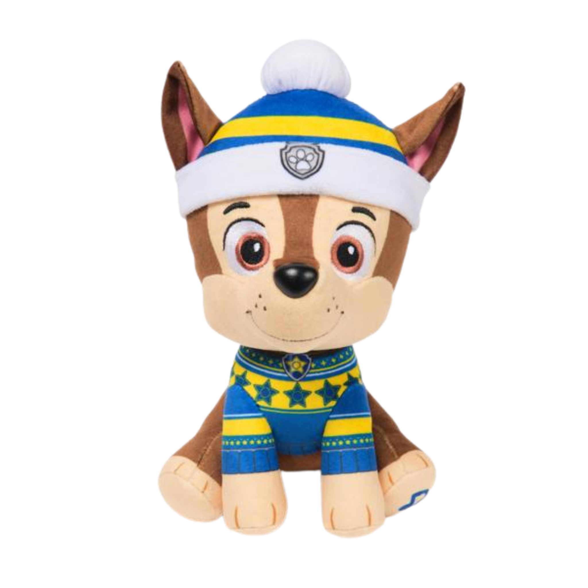 Plush Paw Patrol toy dog wearing a blue and yellow outfit with a white hat on a white background