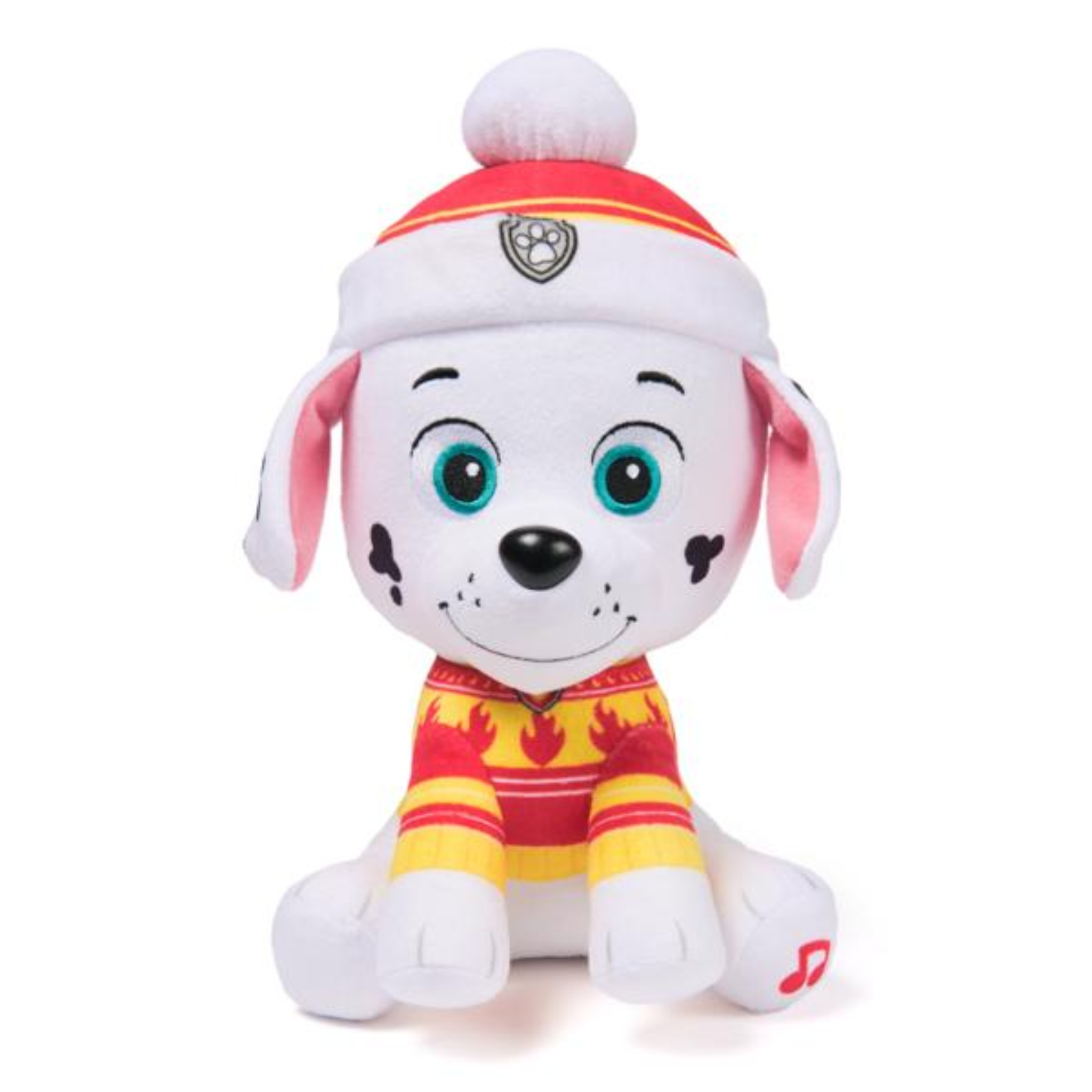 Plush Paw Patrol toy dog with a red and white hat and outfit on a white background
