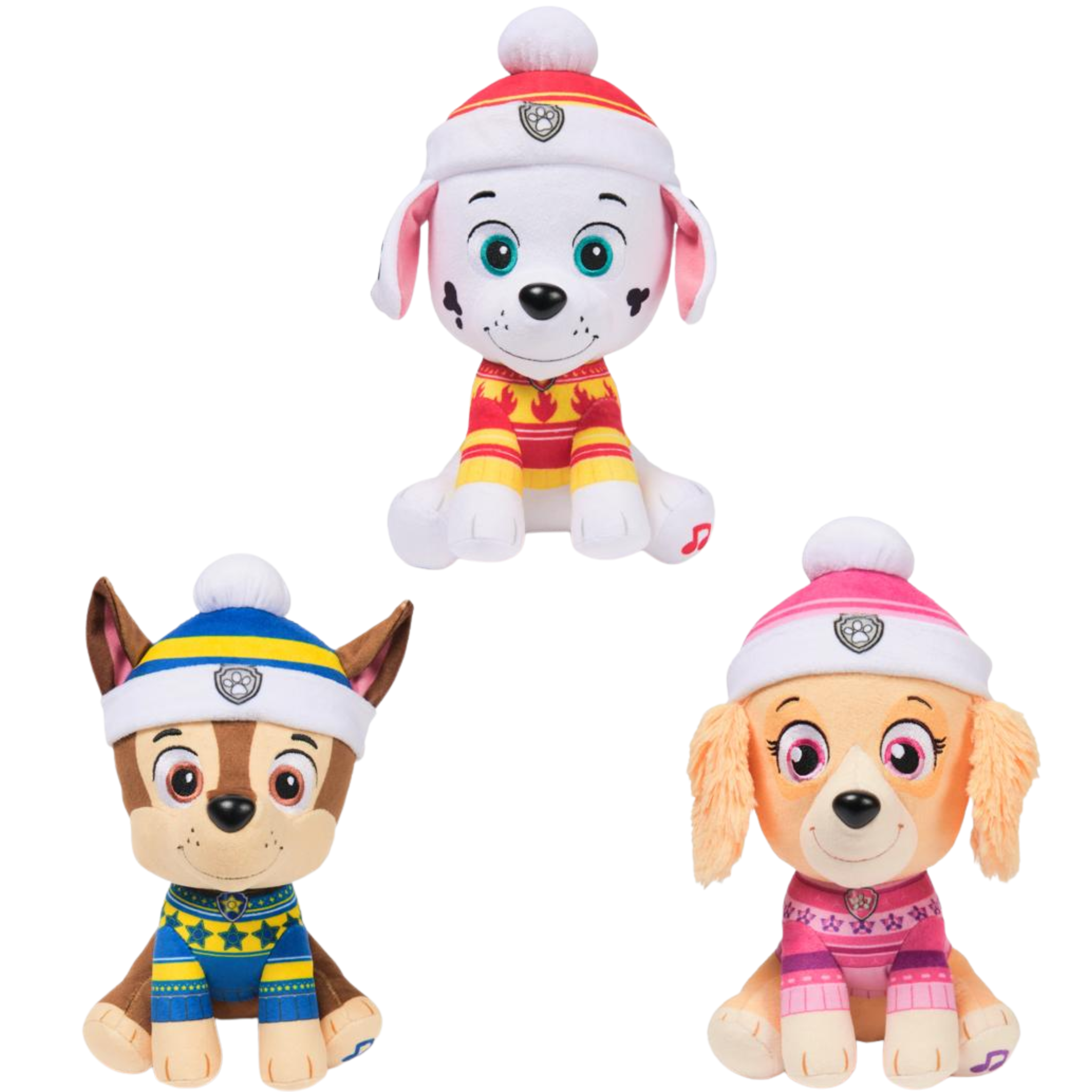 Three Paw Patrol plush toys with hats and scarves on a white background